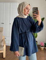 Balon Kol Bel Bağlamalı Tesettür Gömlek - Lacivert
