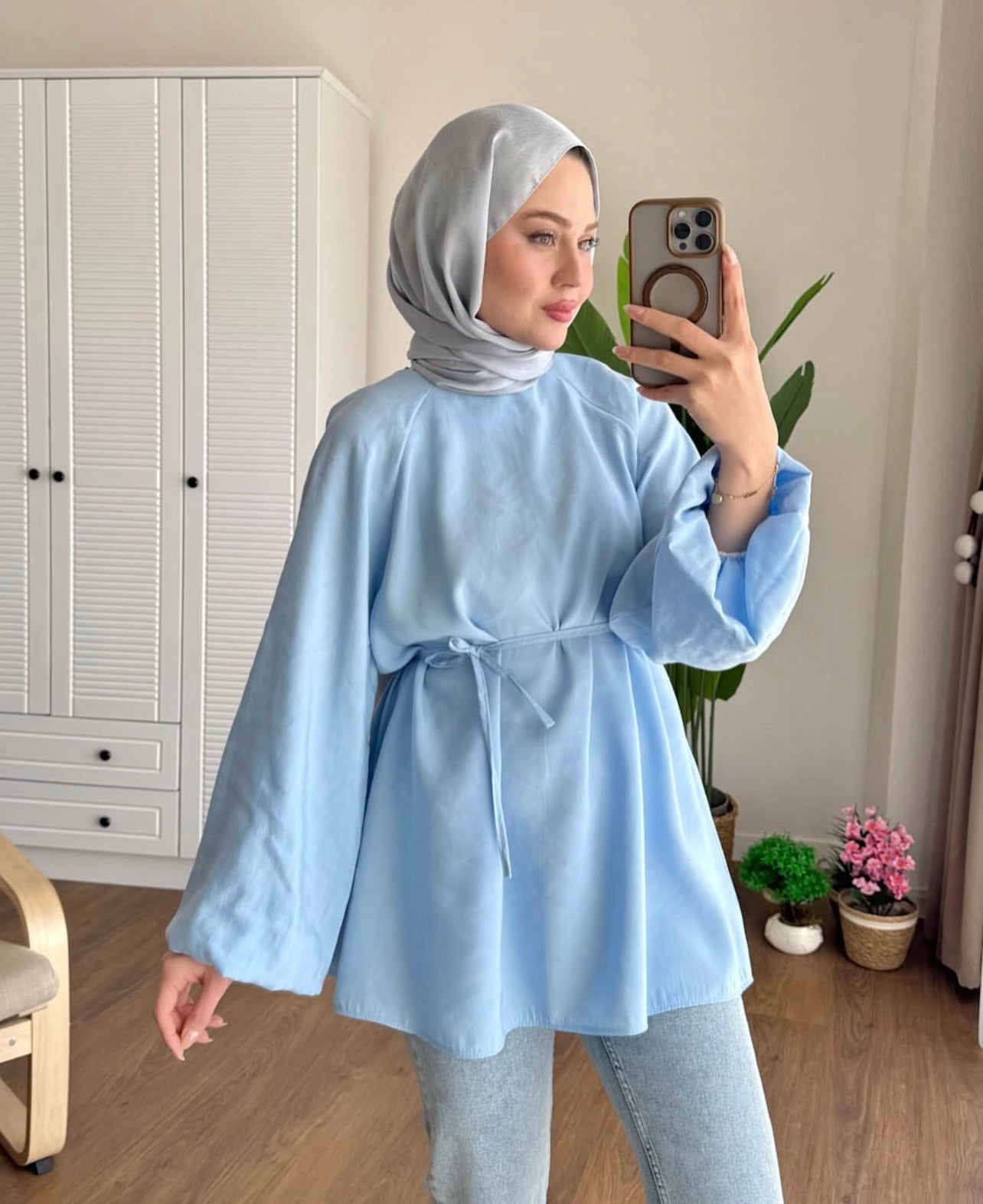 Balon Kol Bel Bağlamalı Tesettür Gömlek - Mavi