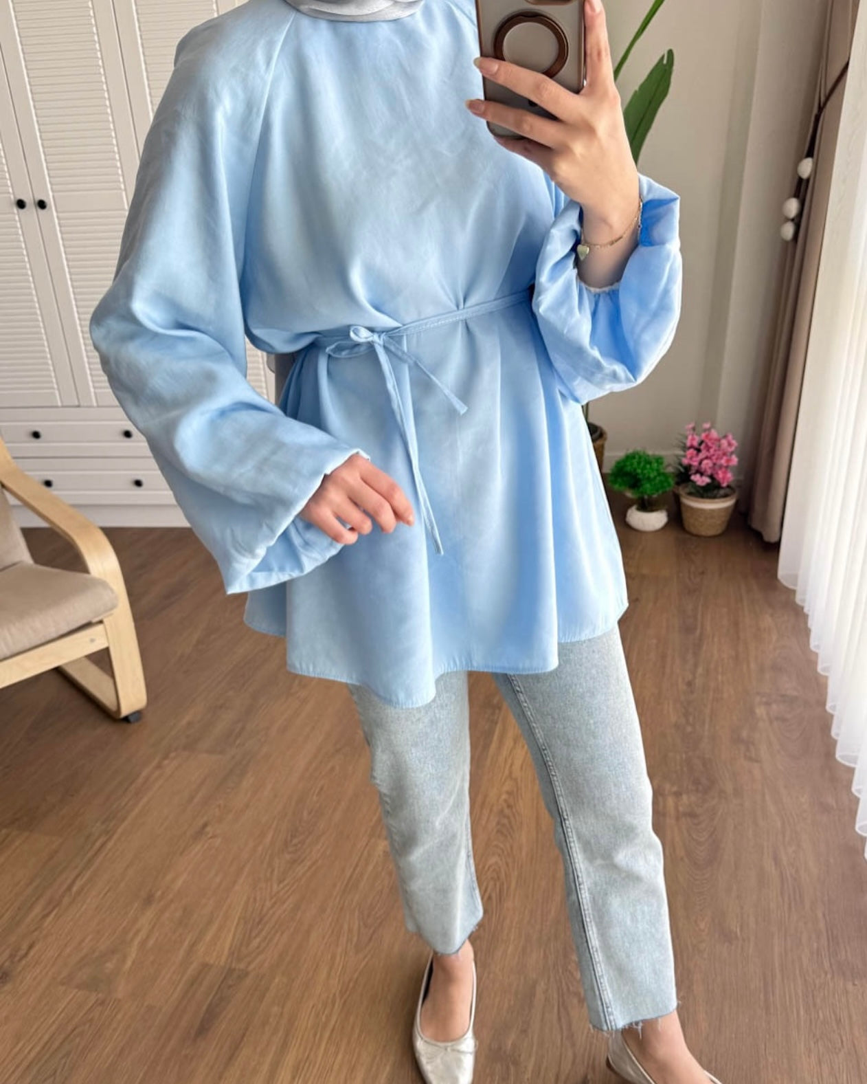 Balon Kol Bel Bağlamalı Tesettür Gömlek - Mavi