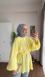 Balon Kol Bel Bağlamalı Tesettür Gömlek - Sarı