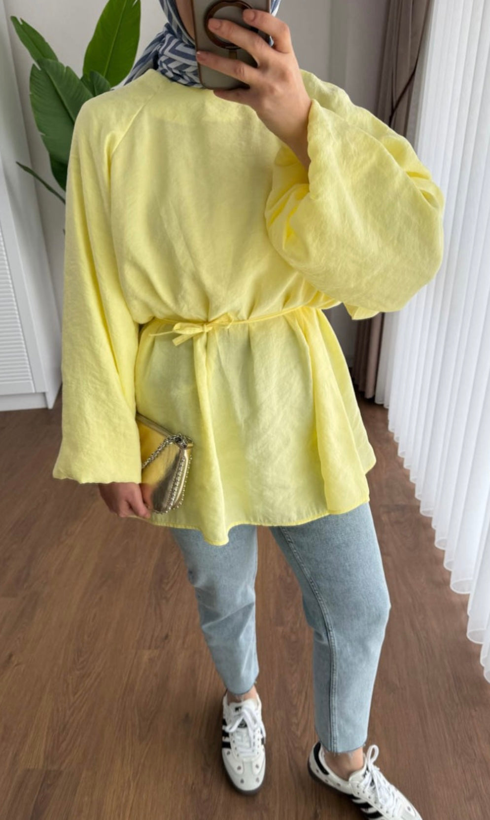 Balon Kol Bel Bağlamalı Tesettür Gömlek - Sarı