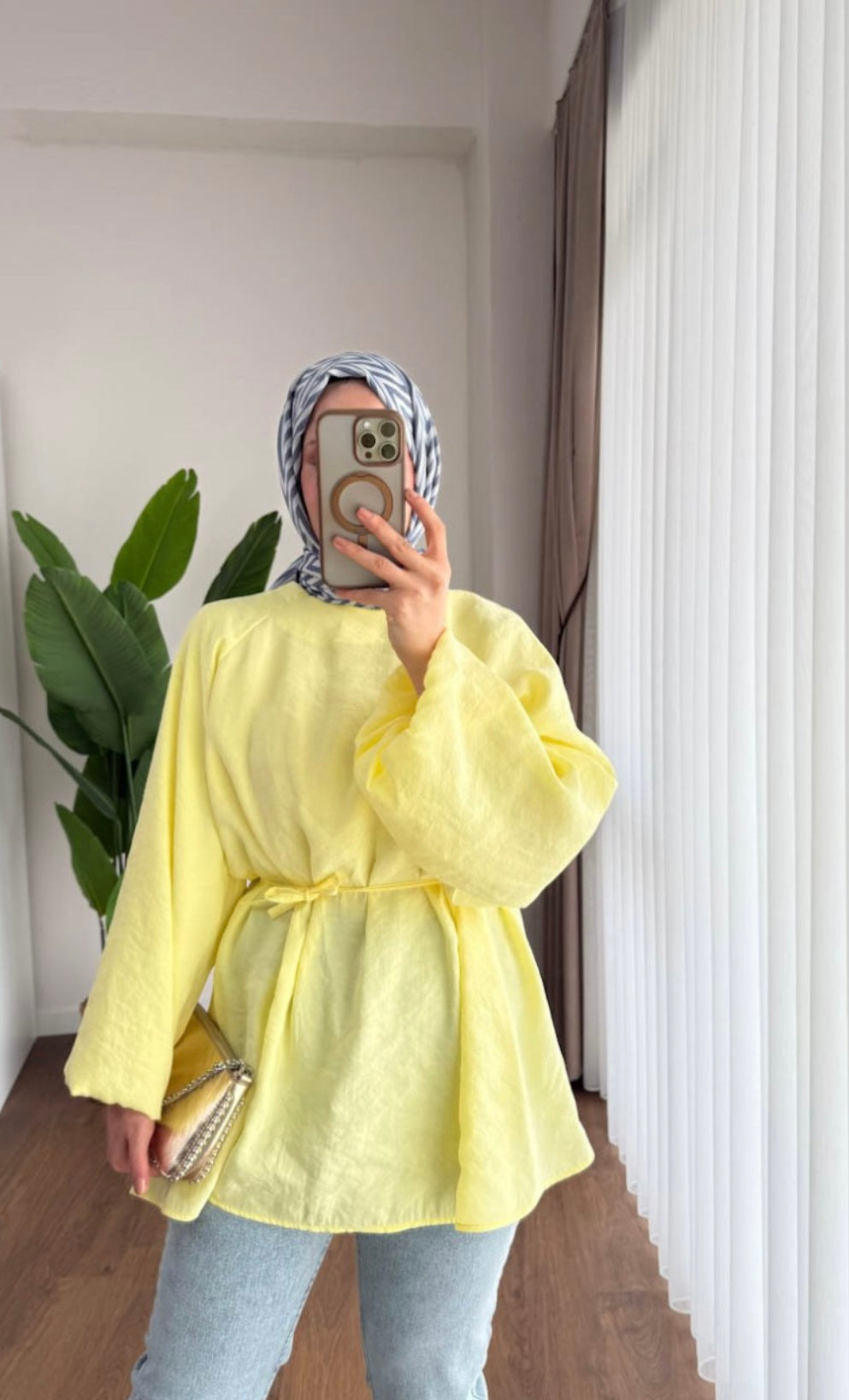 Balon Kol Bel Bağlamalı Tesettür Gömlek - Sarı