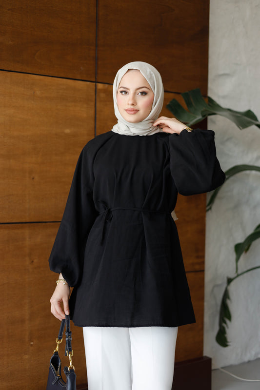 Balon Kol Bel Bağlamalı Tesettür Gömlek - Siyah