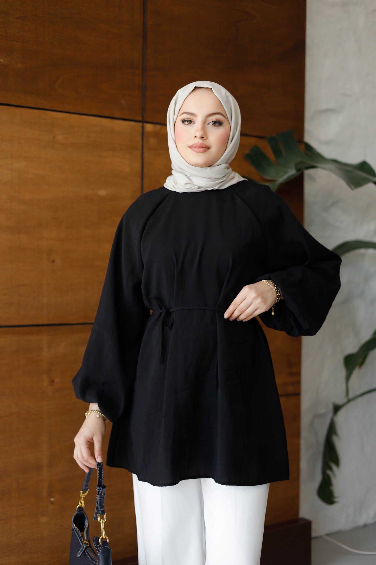 Balon Kol Bel Bağlamalı Tesettür Gömlek - Siyah
