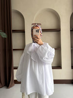 Yakası Bağlamalı Balon Kol Tesettür Gömlek - Beyaz