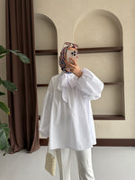 Yakası Bağlamalı Balon Kol Tesettür Gömlek - Beyaz