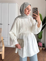 Balon Kol Bel Bağlamalı Tesettür Gömlek - Beyaz