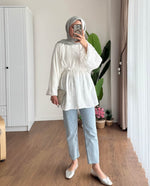 Balon Kol Bel Bağlamalı Tesettür Gömlek - Beyaz