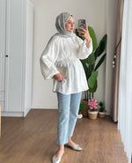 Balon Kol Bel Bağlamalı Tesettür Gömlek - Beyaz