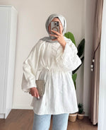 Balon Kol Bel Bağlamalı Tesettür Gömlek - Beyaz