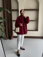 Yakası Bağlamalı Balon Kol Tesettür Gömlek - Bordo