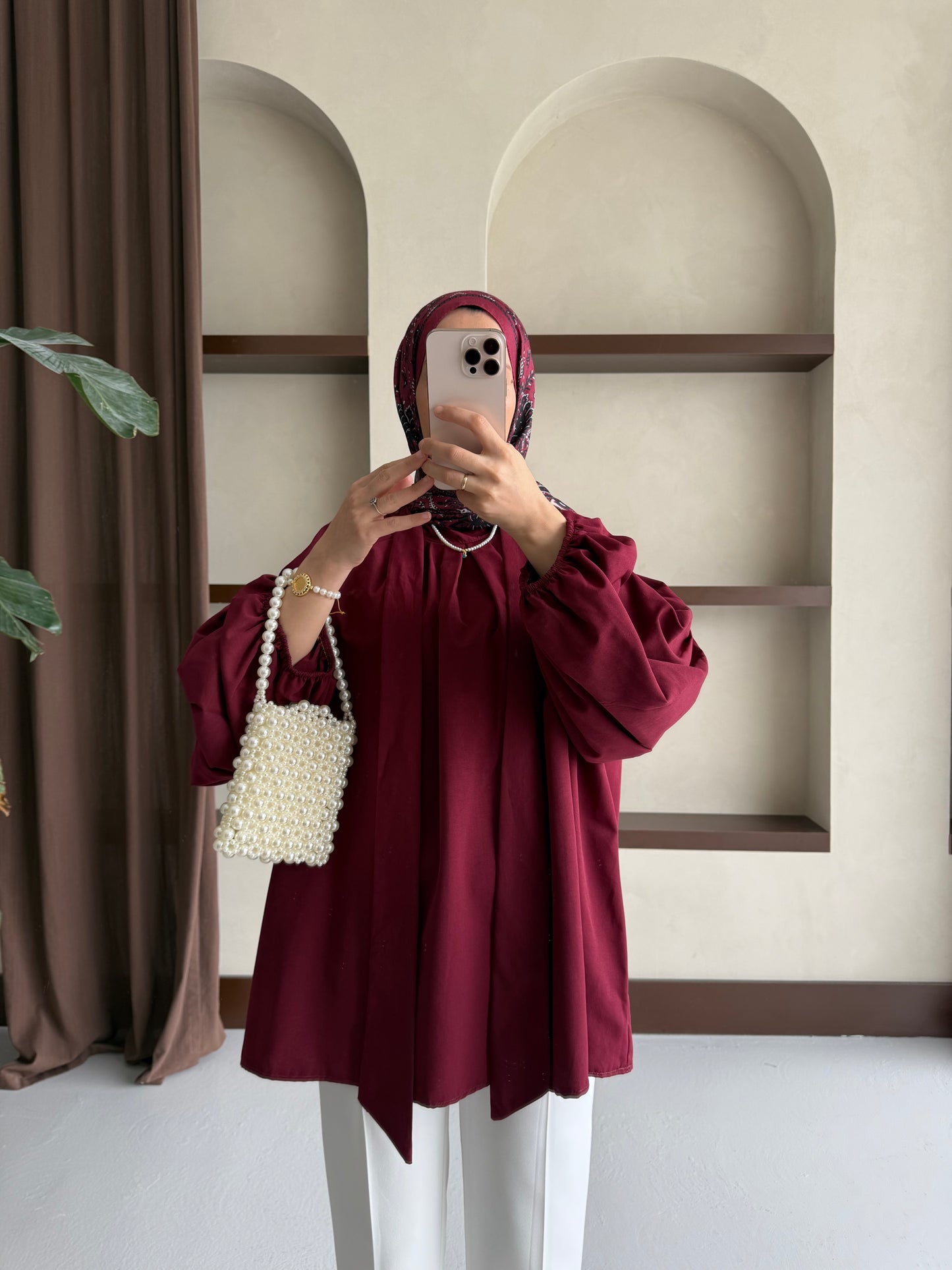 Yakası Bağlamalı Balon Kol Tesettür Gömlek - Bordo