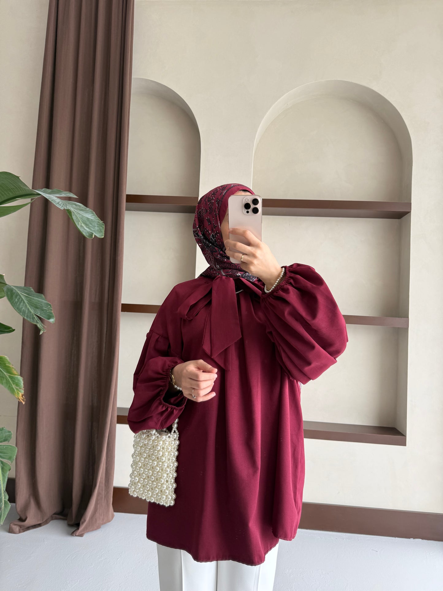 Yakası Bağlamalı Balon Kol Tesettür Gömlek - Bordo