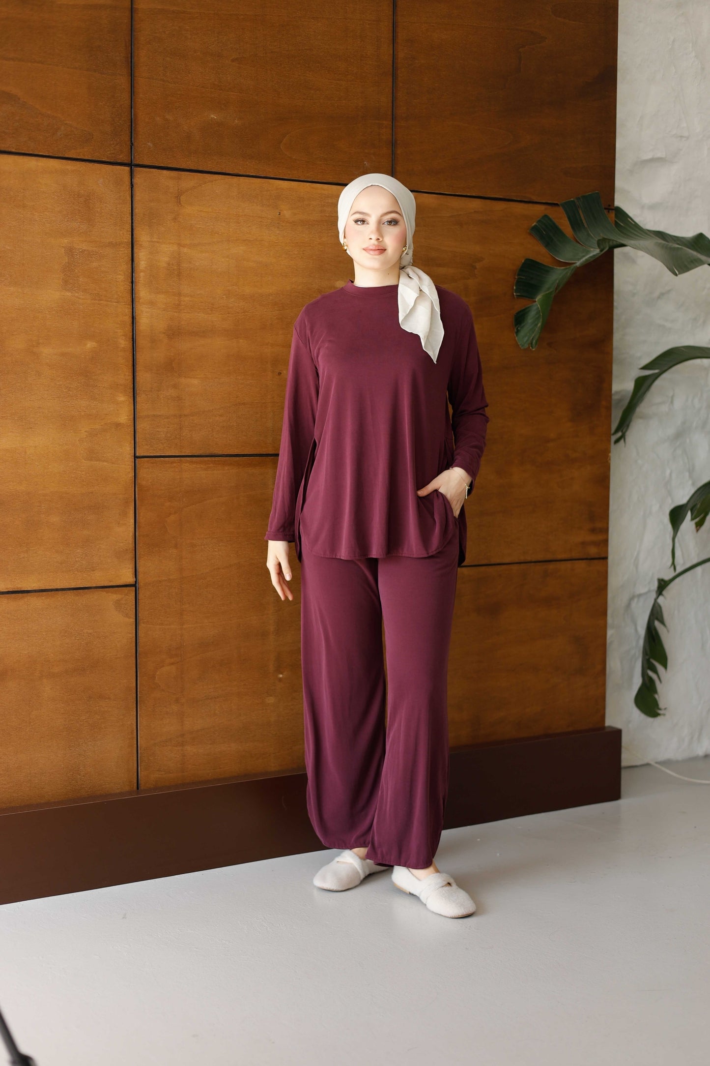 Esnek Ve Yumuşak Dokulu Oysh Tesettür Takım - Bordo