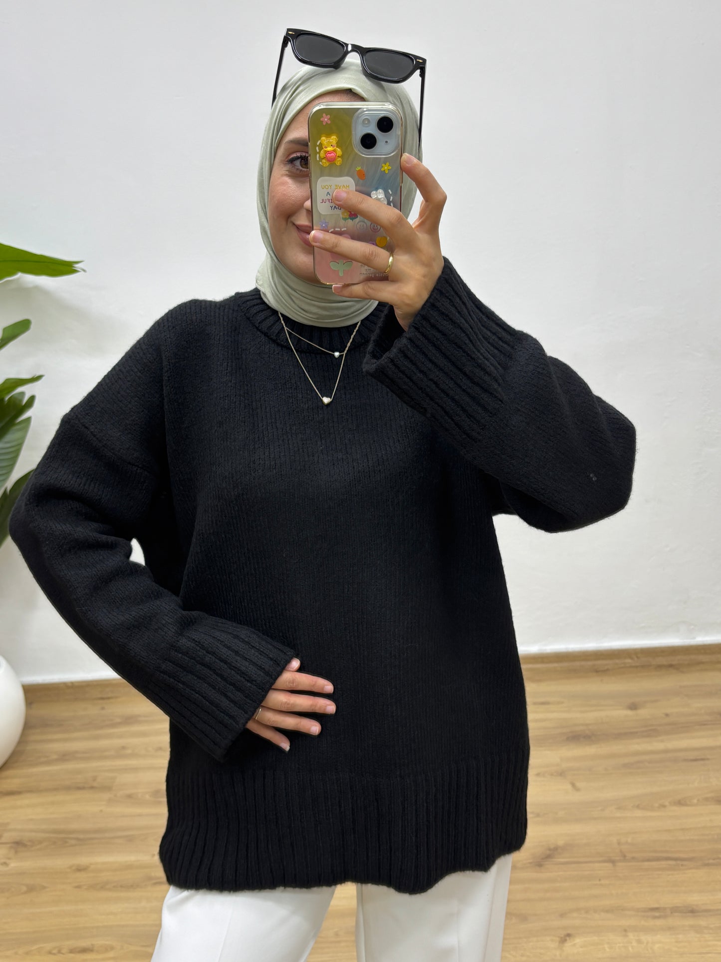 Oversize Bisiklet Yaka Kazak - Siyah