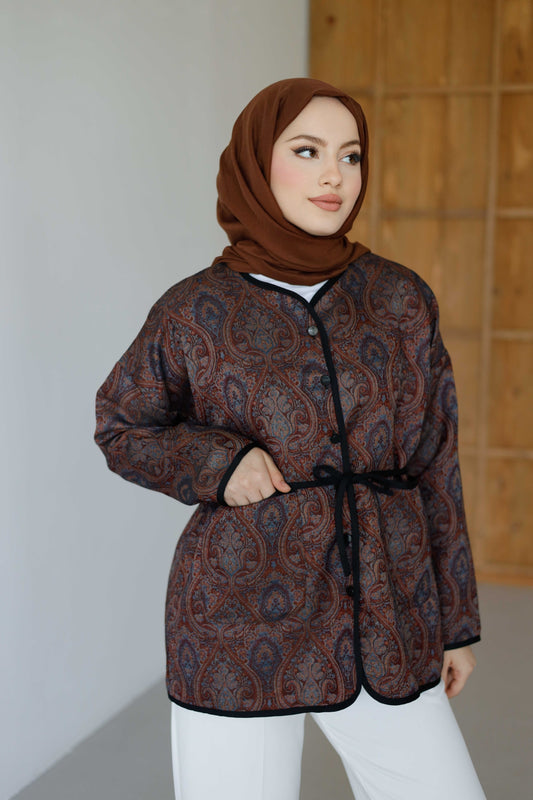 Etnik Desenli Ceket - Bordo Kahve