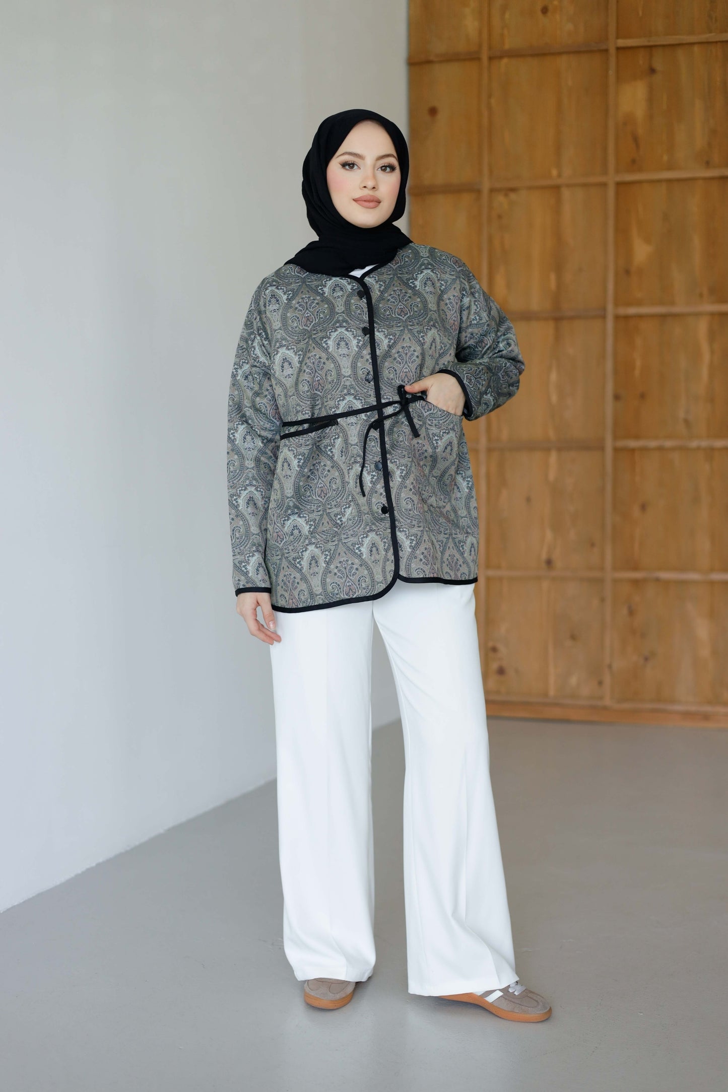 Etnik Desenli Ceket - Gri Lacivert