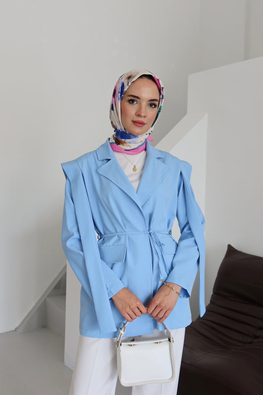 Bel Bağlamalı Blazer Ceket - Mavi