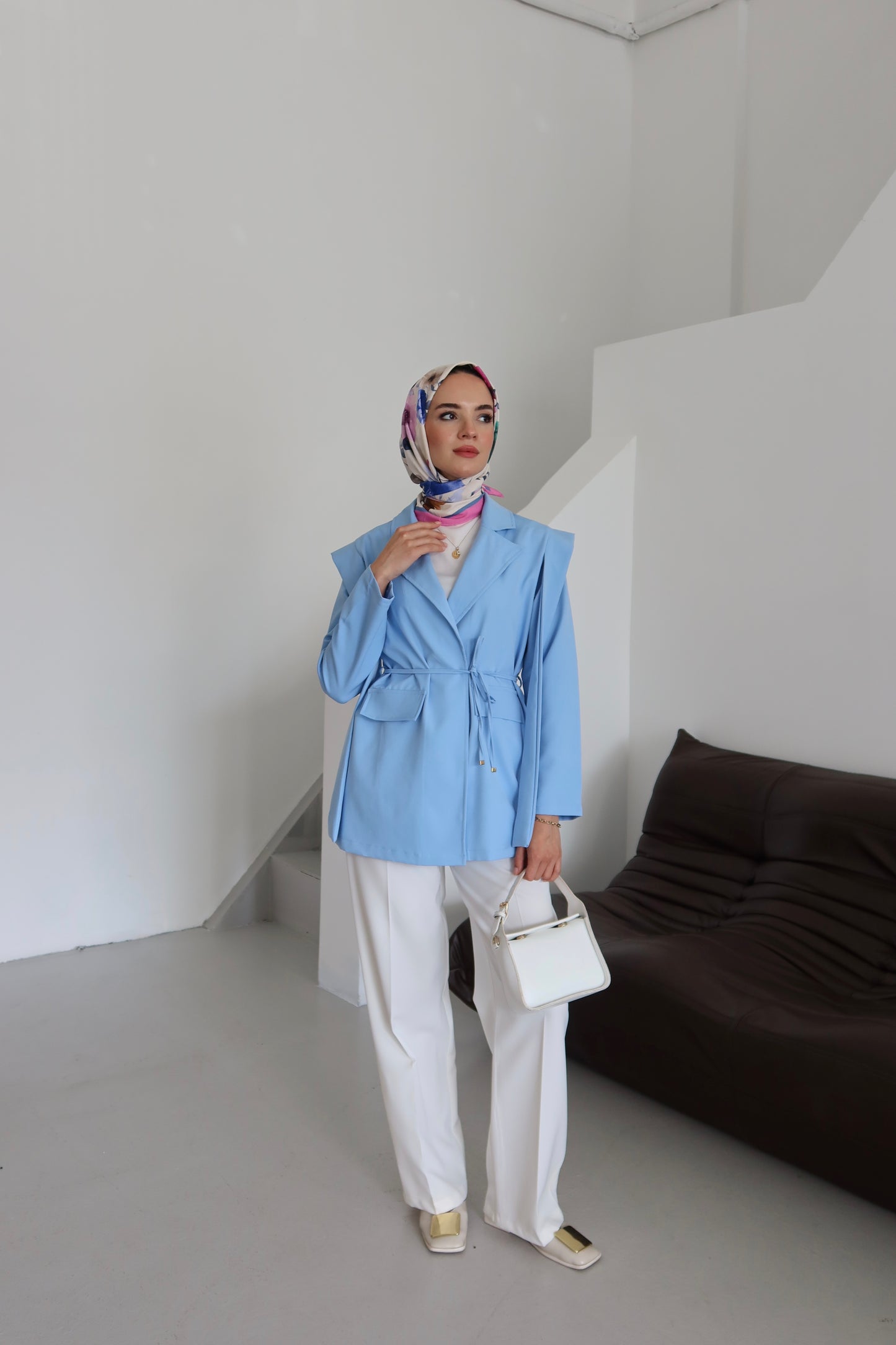 Bel Bağlamalı Blazer Ceket - Mavi