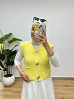 Gold Düğmeli Cepli Triko Yelek - Sarı