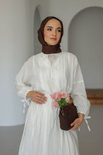 Nervürlü Pamuk Keten Elbise Astarlı - Beyaz