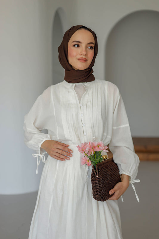 Nervürlü Pamuk Keten Elbise Astarlı - Beyaz