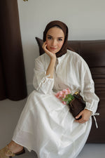 Nervürlü Pamuk Keten Elbise Astarlı - Beyaz