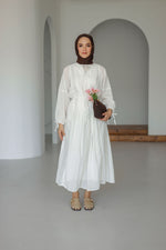 Nervürlü Pamuk Keten Elbise Astarlı - Beyaz