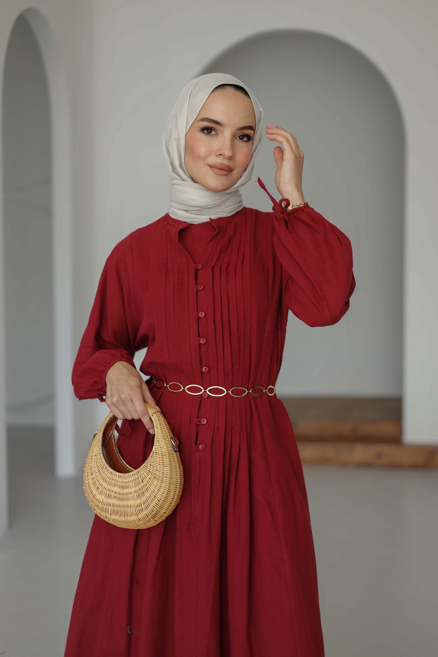 Nervürlü Pamuk Keten Elbise Astarlı - Bordo