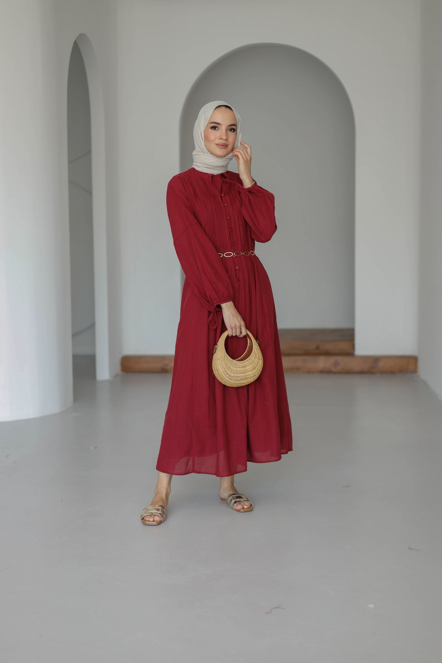 Nervürlü Pamuk Keten Elbise Astarlı - Bordo