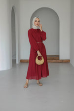 Nervürlü Pamuk Keten Elbise Astarlı - Bordo