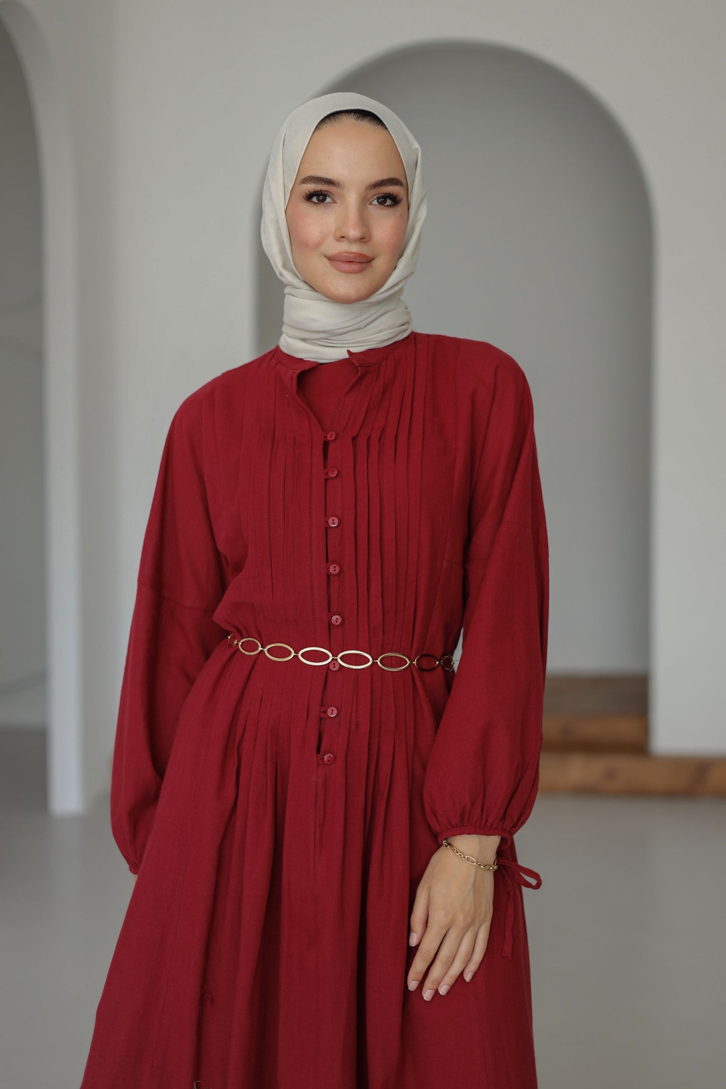 Nervürlü Pamuk Keten Elbise Astarlı - Bordo