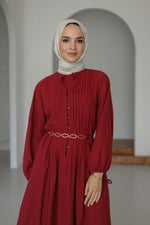 Nervürlü Pamuk Keten Elbise Astarlı - Bordo