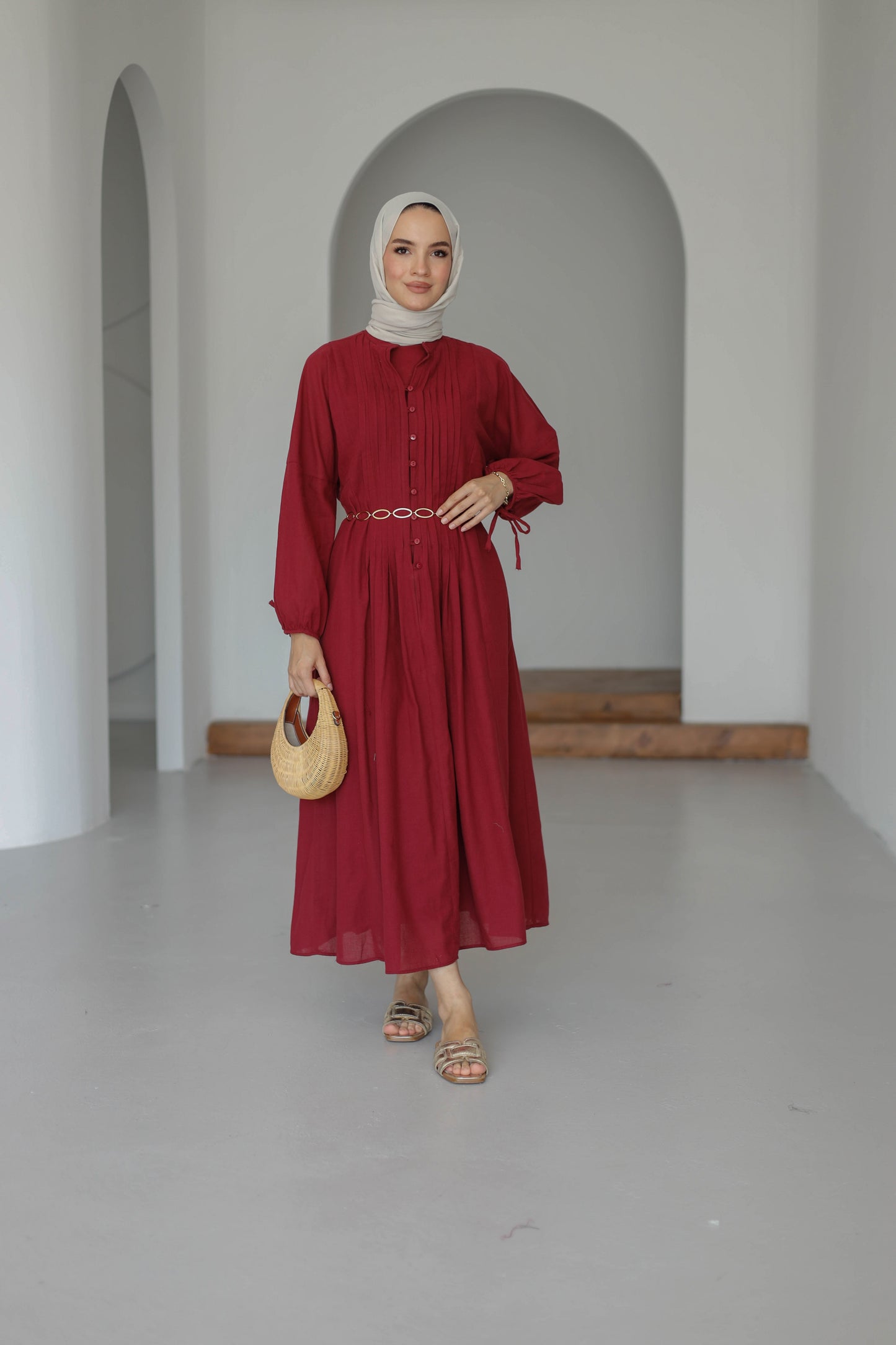 Nervürlü Pamuk Keten Elbise Astarlı - Bordo