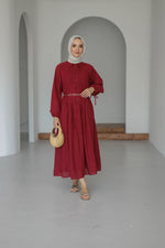 Nervürlü Pamuk Keten Elbise Astarlı - Bordo