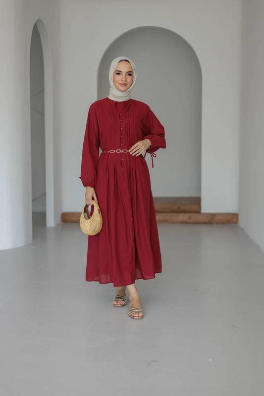 Nervürlü Pamuk Keten Elbise Astarlı - Bordo