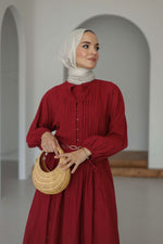 Nervürlü Pamuk Keten Elbise Astarlı - Bordo