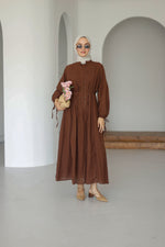 Nervürlü Pamuk Keten Elbise Astarlı - Kahve