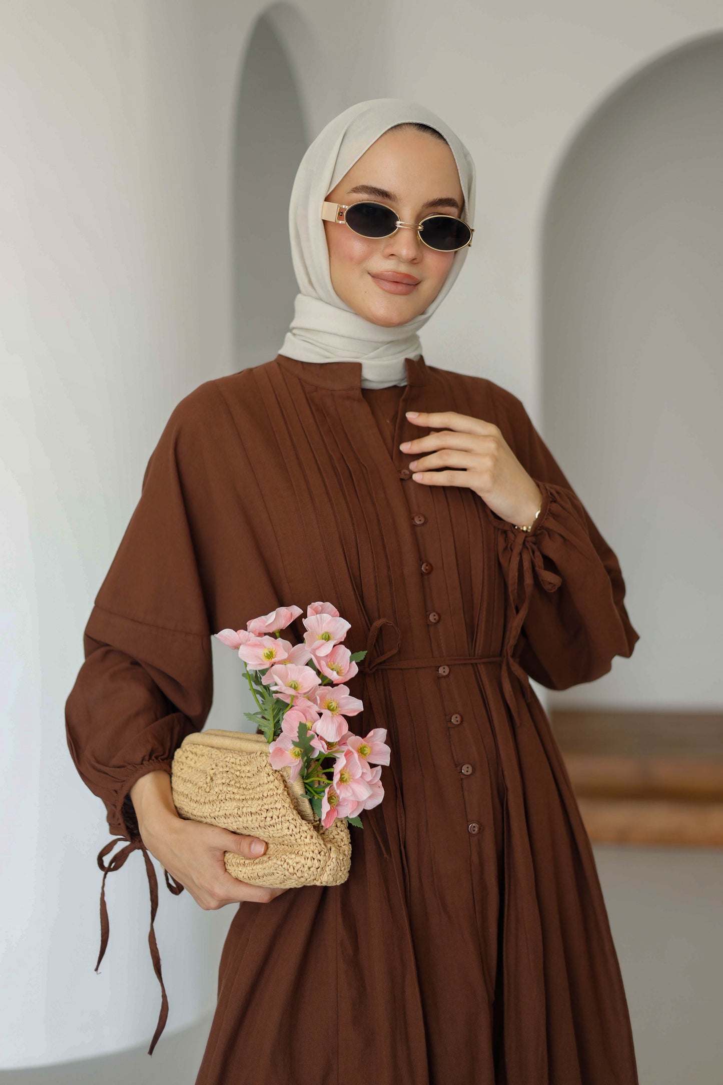 Nervürlü Pamuk Keten Elbise Astarlı - Kahve