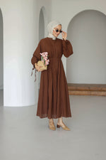 Nervürlü Pamuk Keten Elbise Astarlı - Kahve