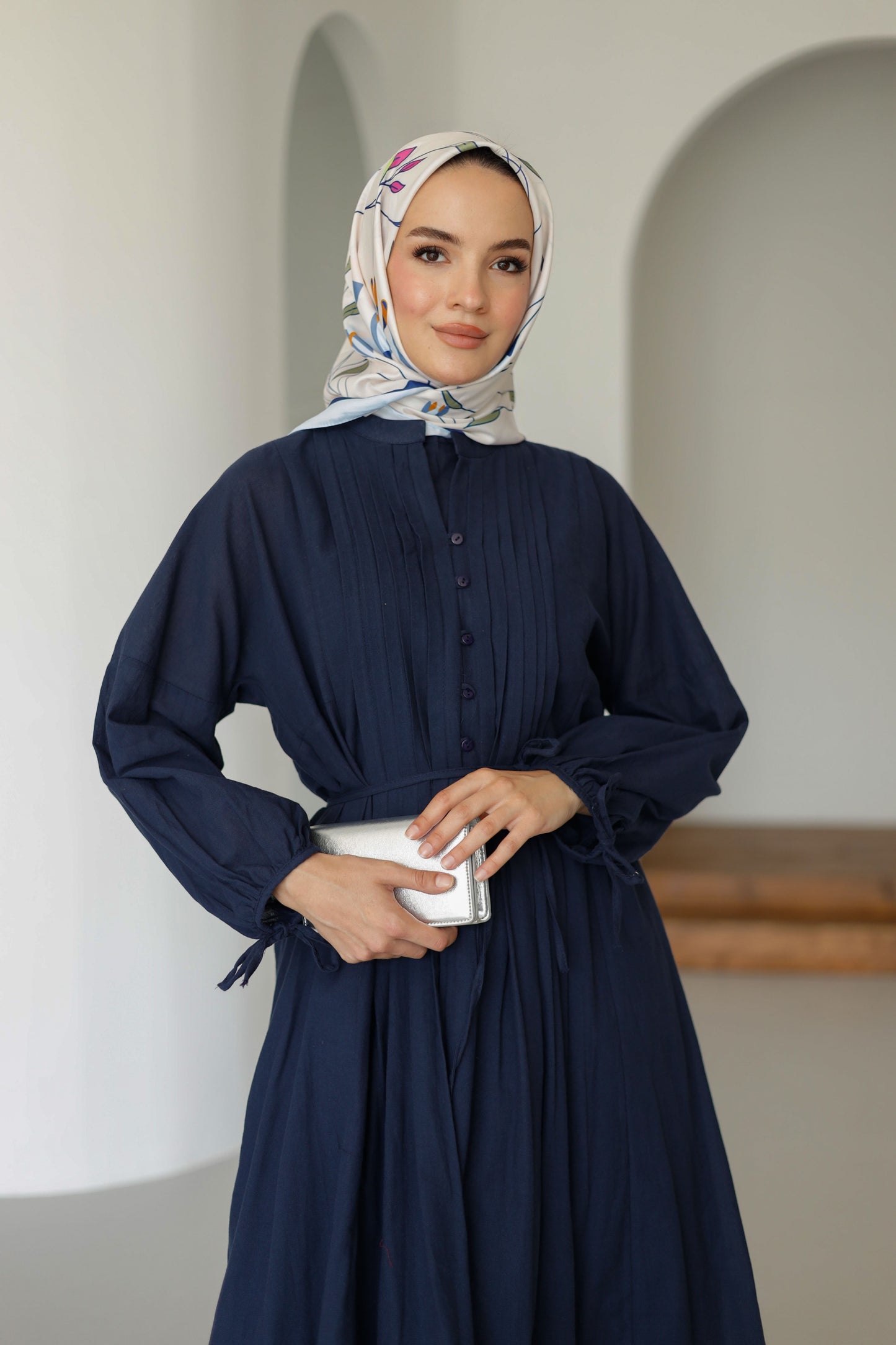 Nervürlü Pamuk Keten Elbise Astarlı - Lacivert