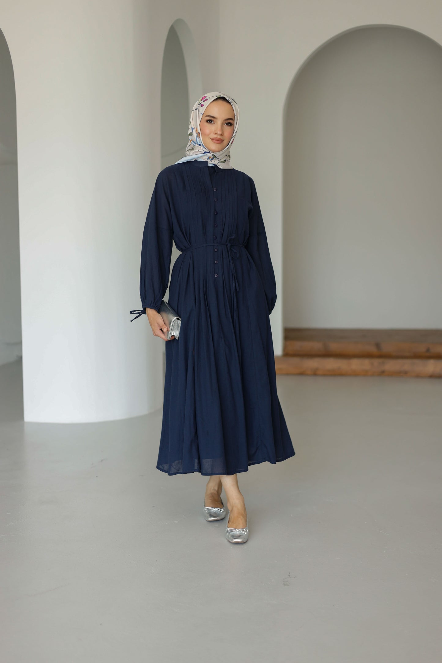 Nervürlü Pamuk Keten Elbise Astarlı - Lacivert