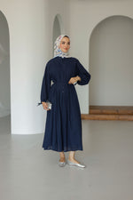 Nervürlü Pamuk Keten Elbise Astarlı - Lacivert