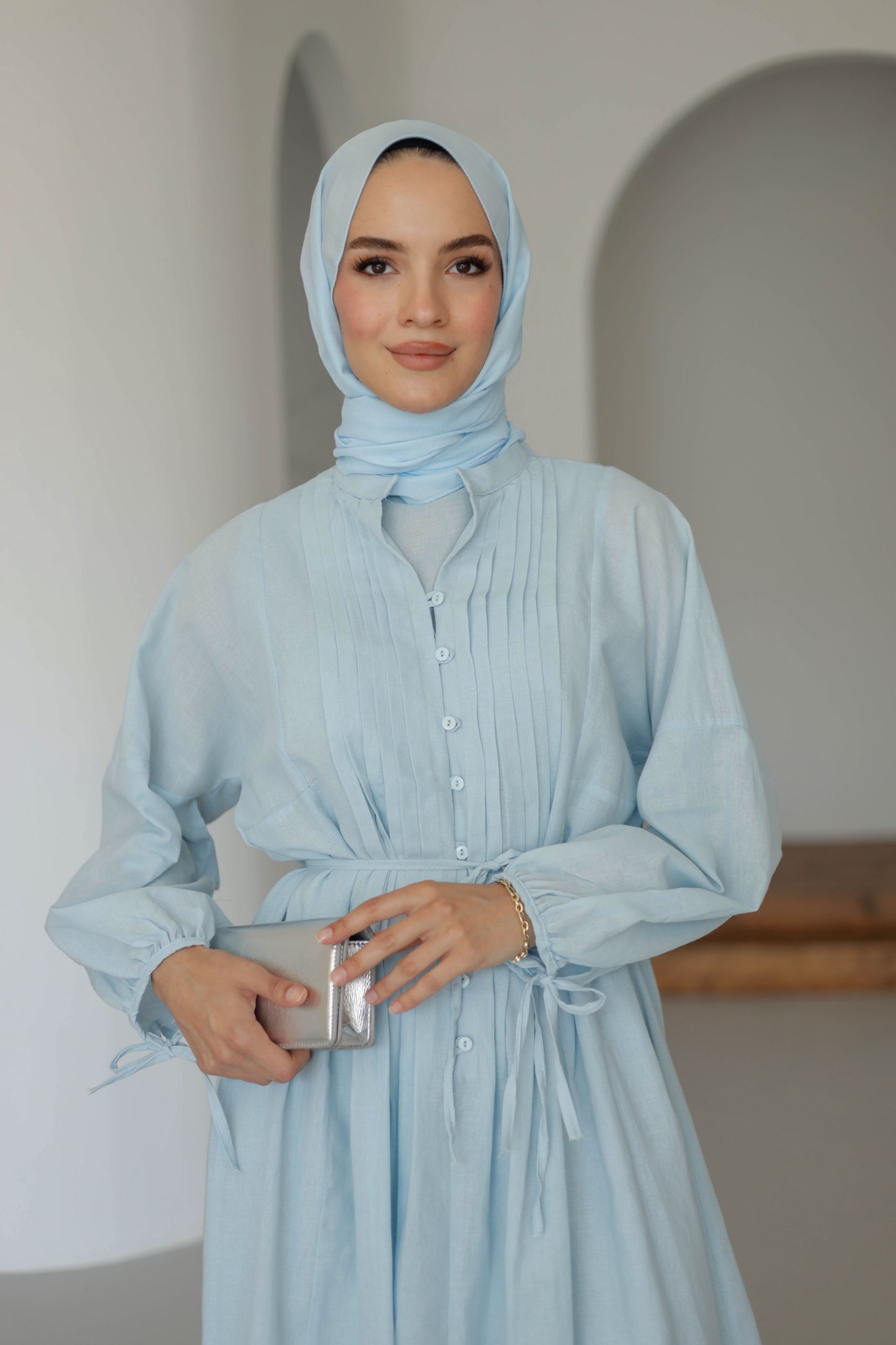 Nervürlü Pamuk Keten Elbise Astarlı - Mavi