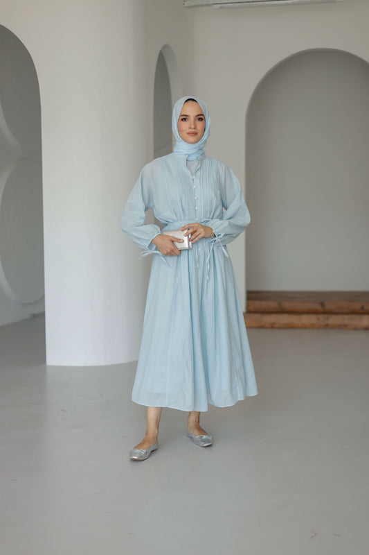 Nervürlü Pamuk Keten Elbise Astarlı - Mavi