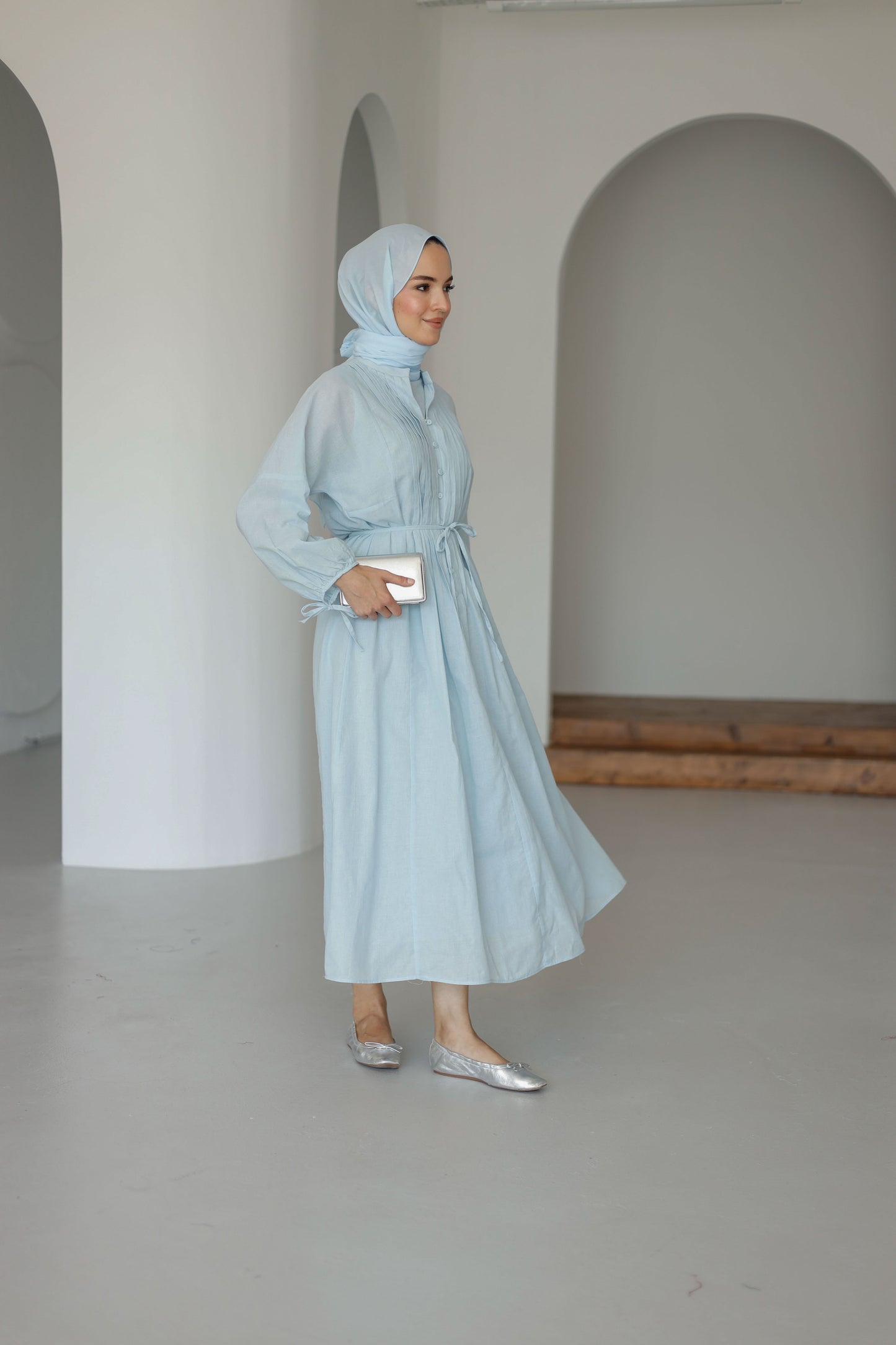 Nervürlü Pamuk Keten Elbise Astarlı - Mavi