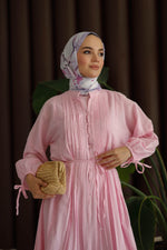 Nervürlü Pamuk Keten Elbise Astarlı - Pembe