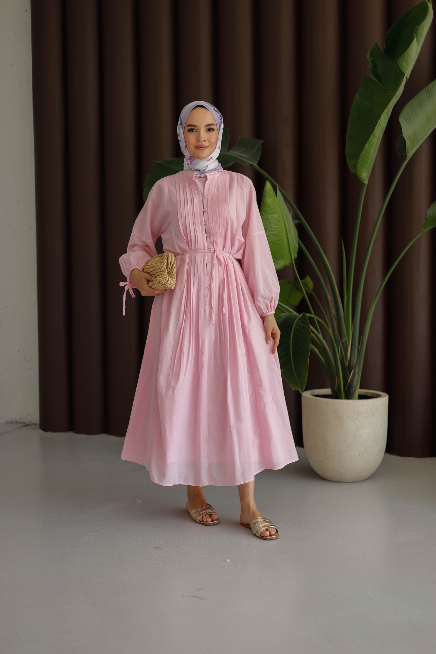 Nervürlü Pamuk Keten Elbise Astarlı - Pembe