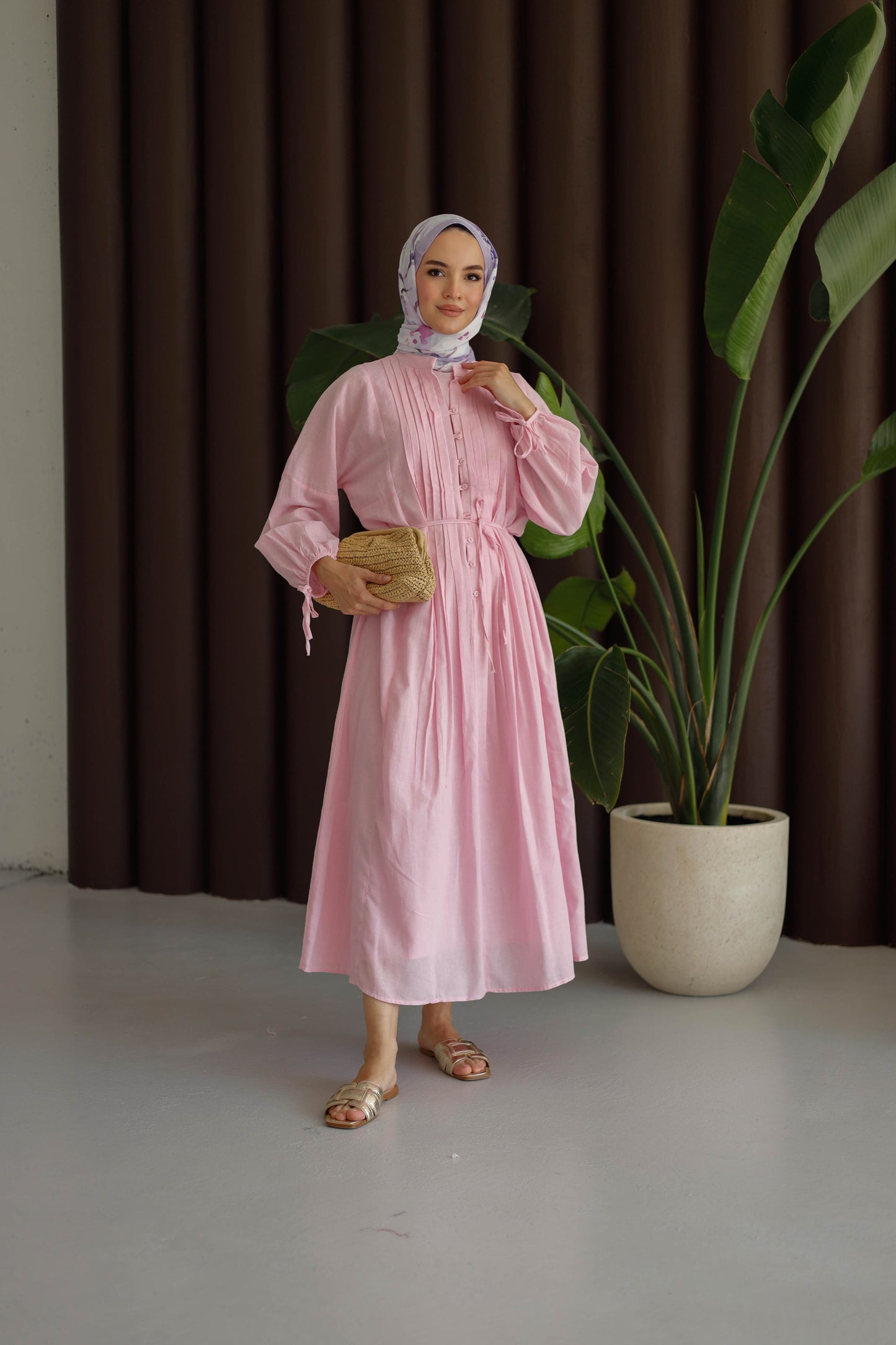 Nervürlü Pamuk Keten Elbise Astarlı - Pembe