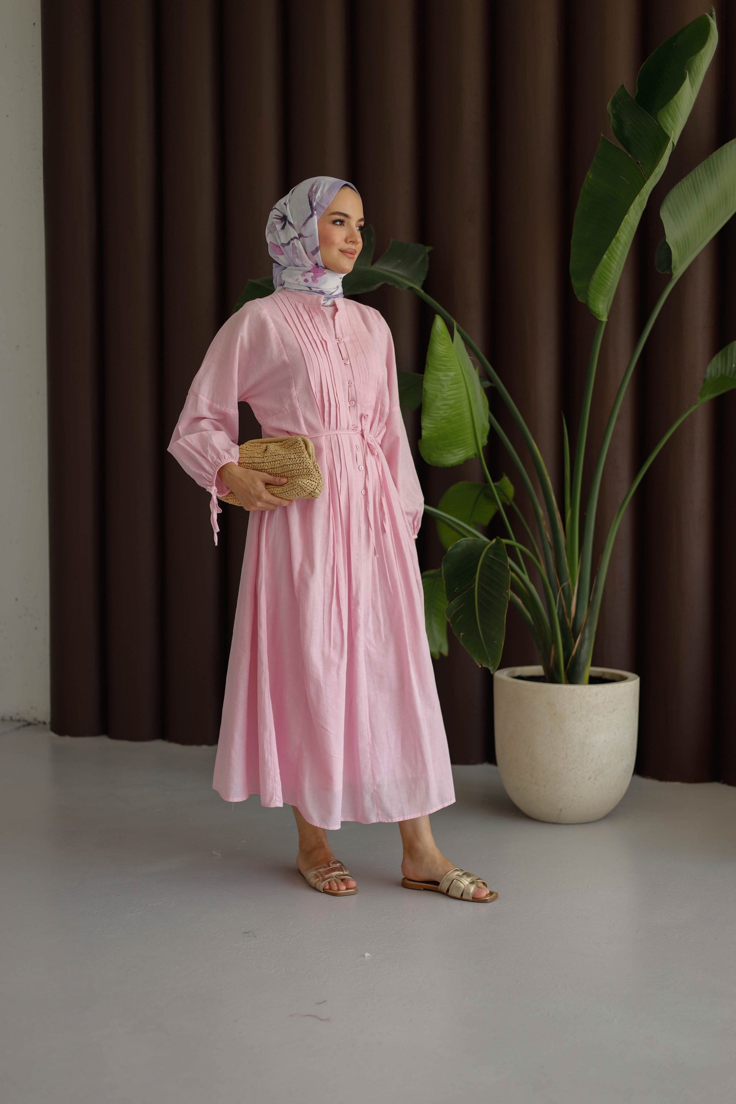 Nervürlü Pamuk Keten Elbise Astarlı - Pembe